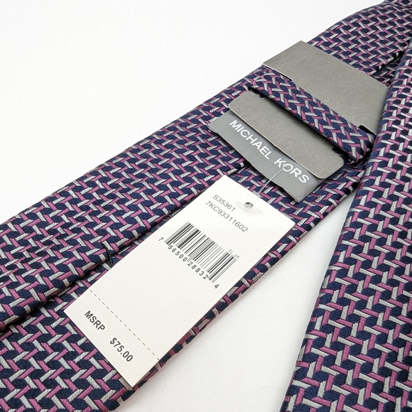 Men's Michael Kors 100% Polyester Slim Neck Tie - Navy, Mauve and Gray Geometric - Picture 6 of 7
